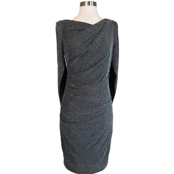 Avery G Black Midi Sheath Cocktail Dress Size 8 Metallic Knit Draped Back - Picture 1 of 14
